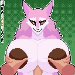 2022 animated anthro batartcave big_breasts bodily_fluids breast_play breasts cum digital_media_(artwork) duo female furry genital_fluids genitals gif kristoph_wulphenstein male male/female paizuri penis pixel_art sergal sex