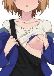 1girls aoi_miyamori areolae blush bra breasts brown_hair business_suit close-up clothing_lift female female_only medium_breasts morisobo nipples one_breast_out open_mouth shirobako shirt short_hair solo standing sweat undressing white_background