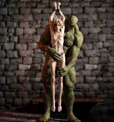 3d blonde_hair bondage bound bound_wrists captured chains elf female imminent_rape male male_nipples nipples orc original_character pierced_nipples piercing princess pussy scared size_difference small_breasts that3dartist virgin