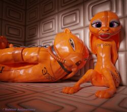 3d_(artwork) absurd_res anthro ball_gag bondage bound clothing digital_media_(artwork) disney dreamworks duo felid female female/female gag gagged gas_mask hi_res judy_hopps kung_fu_panda lagomorph latex leporid mammal mask master_tigress pantherine prison rabbit rubber_(artist) tiger tigress_(disambiguation) zootopia