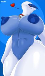 anthro areola big_breasts blue_background blue_body blush breasts conditional_dnp evov1 featureless_crotch heart hi_res huge_breasts legendary_pokémon lugia multicolored_body nintendo nipples nude pokemon pokemon_(species) simple_background thick_thighs two_tone_body video_games white_body yugia_(evov1) yuki_(evov1)