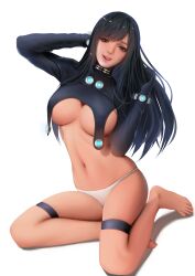 barefoot benzilong big_breasts black_hair brown_eyes covered_nipples female female_only full_body gantz gantz_suit latex_suit long_hair medium_breasts no_bra panties pinup reika_shimohira rubber_suit sideboob sitting smile solo thigh_strap tight_clothing tongue_out underboob white_panties zyl