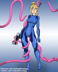 1girls abs aroused blaster blonde_hair blue_background blue_eyes blush blushing bodysuit cameltoe exclamation_point gun hair_ornament hair_tie hard_nipples imminent_sex imminent_tentacle_sex metroid nipple_bulge nipples_visible_through_clothing pink_tentacles ponytail purple_tentacles questionable_consent samus_aran shocked simple_background sirikahdrawing skin_tight surprised tentacle tentacle_around_leg tentacle_monster tentacle_restraint tentacles_everywhere weapon white_skin yellow_hair zero_suit zero_suit_samus