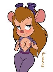 anthro brown_fur brown_hair chip_'n_dale_rescue_rangers disney erect_nipples female furry gadget_hackwrench goggles_on_head hackman long_hair mouse nipples no_bra solo tail