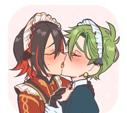 2boys apron black_and_red_hair blush frills gloves green_hair groping_breasts honeyroux kissing maid maid_headdress nu:_carnival olivine_(nu:_carnival) tongue yakumo_(nu:_carnival) yaoi