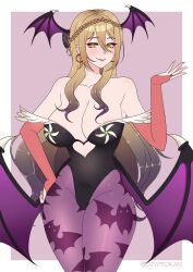 1girls blonde_hair breasts brown_hair cleavage clothing cosplay cryptid_crab darkstalkers demon_girl earrings female female_only hair_between_eyes large_breasts long_hair morrigan_aensland_(cosplay) multicolored_hair original original_character smile solo succubus thick_thighs thighs very_long_hair yellow_eyes