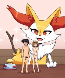 1boy 2girls :3 absurdres animal_ear_fluff animal_ears animal_nose ash_ketchum bangs bar_censor barefoot black_hair blue_eyes blurry blurry_background blush body_fur braixen breasts bright_pupils brown_eyes brown_hair call_bell censored chavez chimecho collarbone commentary commission completely_nude covering covering_crotch emblem english_commentary eyebrows_visible_through_hair fangs flaccid flat_chest fox_ears fox_girl full_body fur_collar furry furry_female happy highres indoors looking_at_viewer medium_breasts micro miniboy minigirl multiple_girls navel nipples nose_blush nude open_mouth own_hands_together penis pokémon_(species) pokemon pokemon_(anime) pokemon_(species) pokemon_xy_(anime) red_eyes satoshi_(pokemon) serena_(pokemon) short_hair sidelocks smile spiked_hair standing stick stomach testicles two-tone_fur upper_body v_arms white_fur white_pupils yellow_fur