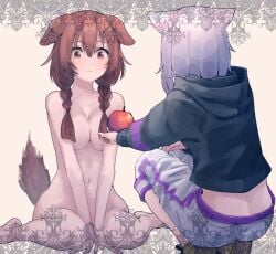 2girls absurdres animal_ears apple breasts brown_hair cat_ears clothed_female_nude_female completely_nude dog_ears dog_tail female food from_behind fruit hair_between_eyes highres hololive hololive_gamers hololive_japan hood hoodie inugami_korone medium_breasts multiple_girls nekomata_okayu nude outstretched_hand purple_hair shosei_(shoseikanashimi) sitting slq squatting tail v_arms virtual_youtuber white_background