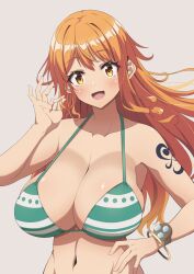 :d bikini blush bracelet breasts collarbone commentary_request enormous_breasts female female_only green_bikini grey_background highres jewelry kojirou! large_breasts log_pose long_hair looking_at_viewer nami nami_(one_piece) navel one_piece open_mouth orange_eyes orange_hair post-timeskip shoulder_tattoo simple_background smile solo striped_bikini swimsuit tattoo upper_body