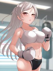 1girls alternate_costume athletic athletic_female athletic_wear big_breasts black_panties blush boxing boxing_gloves breasts brown_eyes buruma conte_di_cavour_(kantai_collection) cowboy_shot dangan_kurabu female female_only gloves grey_hair gym kantai_collection light-skinned_female light_skin long_hair looking_at_viewer navel open_mouth panties punching_bag solo sports_bra sportswear white_boxing_gloves white_gloves white_sports_bra