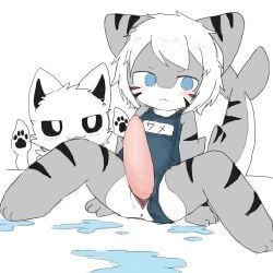 1boy 1futa 2d_(artwork) animal_genitalia animal_penis anthro blue_eyes blush blush_lines blushing changed_(video_game) changed_fan_artist femboy furry furry_only futa futa_sans_balls futanari grey_fur horny horny_futa long_dick long_penis nervous nervous_expression nervous_smile shark shark_tail sitting small_nipples spread_legs spreading squid squid_dog_(changed) swimming_pool swimsuit swimwear tagme tiger_shark_(changed) wet white_background white_hair