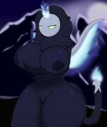 anthro big_breasts breasts female fire first_porn_of_character genitals ghost glowing glowing_eyes hi_res humanoid_genitalia humanoid_pussy mane maraith_(palworld) mask nipples pal_(species) palworld pussy shalon solo spirit thighs wide_hips wings