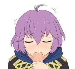 1boy 1girls ahoge bernadetta_von_varley breasts censored closed_eyes fellatio female female_focus fire_emblem fire_emblem:_three_houses garreg_mach_monastery_uniform hood male nintendo oral penis purple_hair short_hair small_breasts solo_focus white_background yoshio_hentai