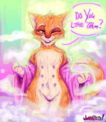 after_shower andromorph anthro bathroom clothing cuntboy cuntboy_only dialogue domestic_cat dreamworks felid feline felis fur genitals green_eyes hi_res intersex looking_at_viewer mammal multi_nipple nipples one_eye_closed orange_body orange_fur puss puss_in_boots_(dreamworks) pussy robe smile solo standing steam towel wh0reybatz wink