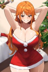 1girls ai_generated amiral_ai armpits big_breasts blush breasts_bigger_than_head christmas christmas_outfit clothed clothing color female female_focus female_only hi_res large_breasts long_hair looking_at_viewer nami nami_(one_piece) one_piece orange_eyes orange_hair post-timeskip presenting_armpit shounen_jump solo solo_female tagme