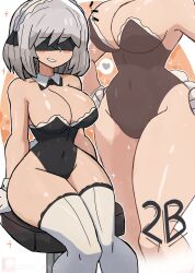 1girls ass blindfold breasts female female_only gloves large_breasts nier:_automata sitting smile solo thighhighs thighs tony_welt white_hair wide_hips yorha_2b