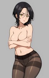 ai_generated black_hair breasts brown_eyes embarrassed female female gray_background hand_covering_breasts hiding_breasts looking_at_viewer merlin_(nanatsu_no_taizai) nanatsu_no_taizai navel panties pantyhose pose seven_deadly_sins short_hair standing thighs topless yellow_eyes