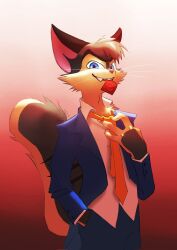 1boy anthro clothed condom condom_in_mouth condom_packet feline furry lackadaisy looking_at_viewer male_only rocky_rickaby sharp_teeth smiling suggestive suit tabby_cat tie