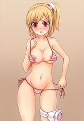 areolae bikini blonde_hair blush breasts cameltoe cleavage emilia_percival female female_only large_breasts micro_bikini mound_of_venus navel nipple_slip nipples open_mouth phantasy_star phantasy_star_portable_2 picolumi red_eyes sega side-tie_bikini side_ponytail solo striped_bikini striped_swimsuit swimsuit undressing