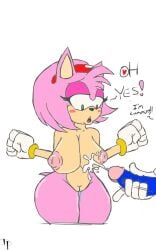 amy_rose anthro big_breasts black_nose blush breasts color_edit cum cum_announcement cum_on_breasts cumshot dialog disembodied_penis distancedpsyche duo exposed_torso female footwear fur gloves handwear headband hedgehog hips humanoid looking_at_penis male masturbation nipples nude open_mouth orgasm penis pussy pussy_juice_drip sega sonic_(series) sonic_the_hedgehog standing straight tail text vein veiny_penis white_background