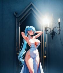 ai_generated big_breasts blue_eyes blue_hair dress elegant_dress female large_breasts see-through_clothing tight_clothes tight_clothing