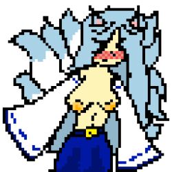 >_< 9_tails big_breasts blue_hair blue_skirt cat_ears female kitsune naked_breasts pixel_art transparent_background