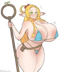 1girls ass blonde_hair blush breasts delicious_in_dungeon dungeon_meshi elf elf_ears elf_female female female_only green_eyes high_resolution huge_breasts large_breasts looking_at_viewer marcille_donato smile solo suomii thighs very_high_resolution white_background wide_hips