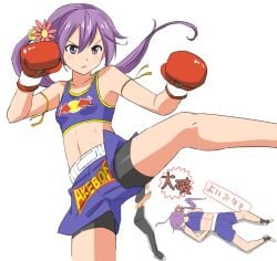 1girls akebono_(kantai_collection) akebono_tarou barefoot bell bike_shorts bike_shorts_under_shorts blush boxing_gloves crop_top female female_only fighting_stance flower gloves hair_bell hair_flower hair_ornament jingle_bell kantai_collection kickboxing kicking leg_lift light-skinned_female light_skin long_hair lying midriff muay_thai multiple_views name_connection navel on_stomach parody ponytail purple_eyes purple_hair red_boxing_gloves red_bull red_gloves shorts simple_background sportswear spread_legs standing standing_on_one_leg tagme tank_top toeless_legwear white_background