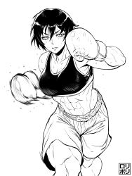 1girls abs black_hair boxing boxing_gloves boxing_shorts breasts cleavage goes_hard greyscale jamrolypoly looking_at_viewer monochrome muscular muscular_female punching saotome_senshu,_hitakakusu saotome_yae short_hair shorts signature simple_background solo stern_expression sweat tagme tank_top