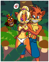 aku_aku anthro bandicoot breast_grab breasts brother_and_sister cameltoe coco_bandicoot color crash_(series) crash_bandicoot crash_mind_over_mutant female furry heart incest male mammal marsupial navel nipples pussy_juice sigu smile straight