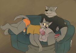 anthro balls bottomwear bottomwear_down bulge canid canine canis clothed clothing duo eddie_(orf) father father_and_child father_and_son furniture genitals hi_res humanoid_genitalia humanoid_penis incest male male/male mammal maverickk_(artist) pants pants_down parent parent_and_child parent_and_son partially_clothed penis sam_(orf) sofa son underwear wolf yaoi