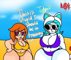 2girls annoyed_expression anthro big_breasts big_hips bikini female_only glitch_productions hourglass_figure human_meggy karen_(smg4) meggy_spletzer multiple_girls smg4