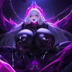 1boy 1girls ai_generated big_breasts breasts chained_collar chained_up chains cum cum_in_pussy cum_inside demon evelynn female femdom gigantic_breasts huge_breasts latex latex_suit league_of_legends long_hair male nai_diffusion nipple_rings pussy succubus thick_thighs vaginal_penetration