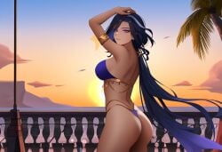 ai_generated arabian_clothes arms_up ass balcony belly_dancer belly_dancer_outfit clorinde_(genshin_impact) dancer dancer_outfit genshin_impact looking_at_viewer purple_eyes purple_hair revealing_clothes sea sunset thong