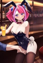 black_bunnysuit black_legwear black_stockings bunny_ears bunny_girl bunny_tail bunnysuit female hair_ornament hiiragi_yuzu leaning_on_table pussy_juice_drip rubbing_pussy shounen_jump two_tone_hair yu-gi-oh! yu-gi-oh!_arc-v yuzu_hiiragi zuzu_boyle