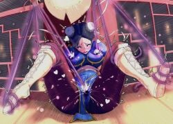 2girls a.k.i. black_hair bumaden capcom chinese_clothes chun-li hair_buns highres large_breasts multiple_girls pantyhose ryona spread_legs street_fighter street_fighter_6 tagme torture white_hair