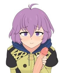 1boy 1girls ahoge bernadetta_von_varley breasts censored female female_focus fire_emblem fire_emblem:_three_houses garreg_mach_monastery_uniform hood imminent_fellatio imminent_oral imminent_sex looking_at_viewer male nintendo penis purple_eyes purple_hair short_hair small_breasts smile solo_focus white_background yoshio_hentai