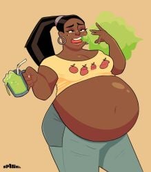 1girls artist_name bloated_belly burp burp_cloud burping clothed clothing dark-skinned_female dark_skin drink female female_only gassy huge_belly leshawna_(tdi) navel onomatopoeia ponytail shake solo ssspinkie total_drama_island