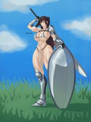 abs big_breasts bikini chumbone20 fighter huge_breasts knight loincloth muscle muscles muscular muscular_female navel navel_piercing no_panties shield sword thick_thighs warrior