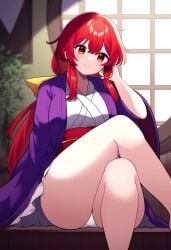 1girls 2d 4chan ai_generated female female_focus hair_ribbon hips junihitoe kimono kotohime kotohime_(touhou) legs legs_crossed long_hair looking_at_viewer obi police_officer ponytail princess purple_junihitoe red_eyes red_hair royalty sitting smile source thick_legs thighs tied_hair touhou touhou_(pc-98) underwear