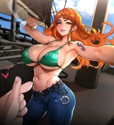 1girls 2023 ai_generated big_breasts bikini detailed_background female female_focus imminent_punch jeans long_hair looking_at_viewer male nami nami_(one_piece) one_piece orange_eyes orange_hair post-timeskip pov pov_eye_contact stasis_mk3