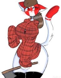 axe big_ass big_breasts big_girl big_thighs canada_(countryhumans) cat_ears clothed clothed_female countryhumans countryhumans_girl fur hat holding holding_object holding_weapon kak0yt0_chel leaf long_sleeves lumberjack_shirt neko neko_girl sweater tagme tagme_(artist) tail tiny_small_neck watermark white_skin