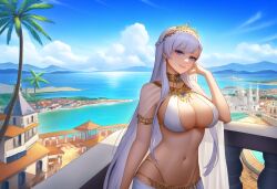 ai_generated arabian_clothes azur_lane balcony belfast_(azur_lane) blue_eyes breasts cityscape dancer dancer_outfit desert looking_at_viewer revealing_clothes sea silver_hair tiara