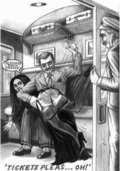 gomez_addams goth heels kicking_legs leggings looking_back morticia_addams otk_spanking smiling spanking straight straight_couple text the_addams_family train_interior