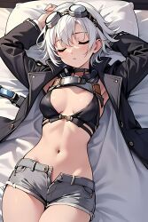 1female 1girls ai_generated bed bedroom belly belly_button black_bra bra breasts cleavage closed_eyes eiyuu_densetsu fie_claussell goggles goggles_on_head grey_shorts lingerie medium_breasts open_fly open_zipper pillow sen_no_kiseki short_hair shorts silver_hair sleeping small_breasts solo solo_female stomach trails_of_cold_steel tummy underwear white_hair