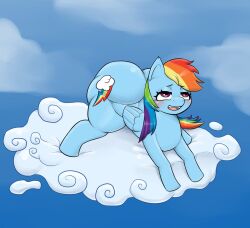 ass big_ass blue_body blue_fur blush cloud cutie_mark equid equine female feral folded_wings friendship_is_magic fur hasbro horse mammal multicolored_hair multicolored_tail my_little_pony pegasus pink_eyes pony rainbow_dash_(mlp) rainbow_hair rainbow_tail sdstash sky smile thick_thighs wings