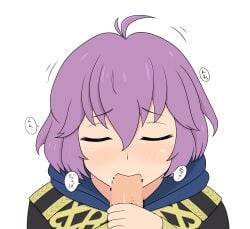 1boy 1girls ahoge bernadetta_von_varley breasts censored closed_eyes fellatio female female_focus fire_emblem fire_emblem:_three_houses garreg_mach_monastery_uniform hood male nintendo oral penis purple_hair short_hair small_breasts solo_focus sound_effects white_background yoshio_hentai