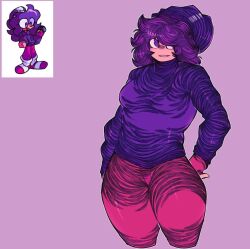 breasts crispy_(crispytheartist) crispy_(zapatoimbecil) purple_eyes purple_hair sweater tagme thick_thighs twitter_user_oc