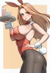 ai_generated angry angry_face bunny_ears bunny_girl bunny_tail bunnysuit drinks huge_breasts long_hair nipples nipples_visible_through_clothing orange_hair playboy_bunny ponzu005 service thighs tokyo_revengers white_background yuzuha_shiba