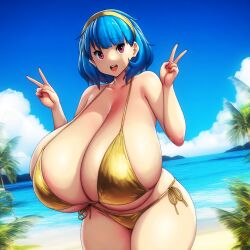 ai_generated ameanon beach big_breasts bikini blue_hair breasts breasts_bigger_than_head cleavage gigantic_breasts gold_bikini headband huge_breasts large_breasts peace_sign pink_eyes rina_atherina rina_atherina_(errorkazoo) sideboob thick_thighs underboob